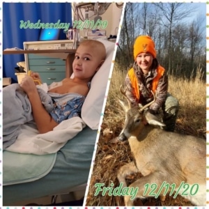 Trent in December 2019 undergoing treatment , and Trent in December 2020 harvesting a 4 point buck